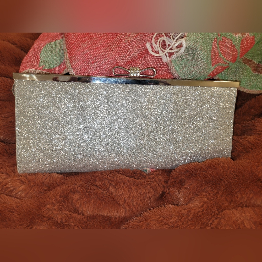 I.N.C. Carolyn Glitter Clutch Rhinestone Bow Glitter Silver